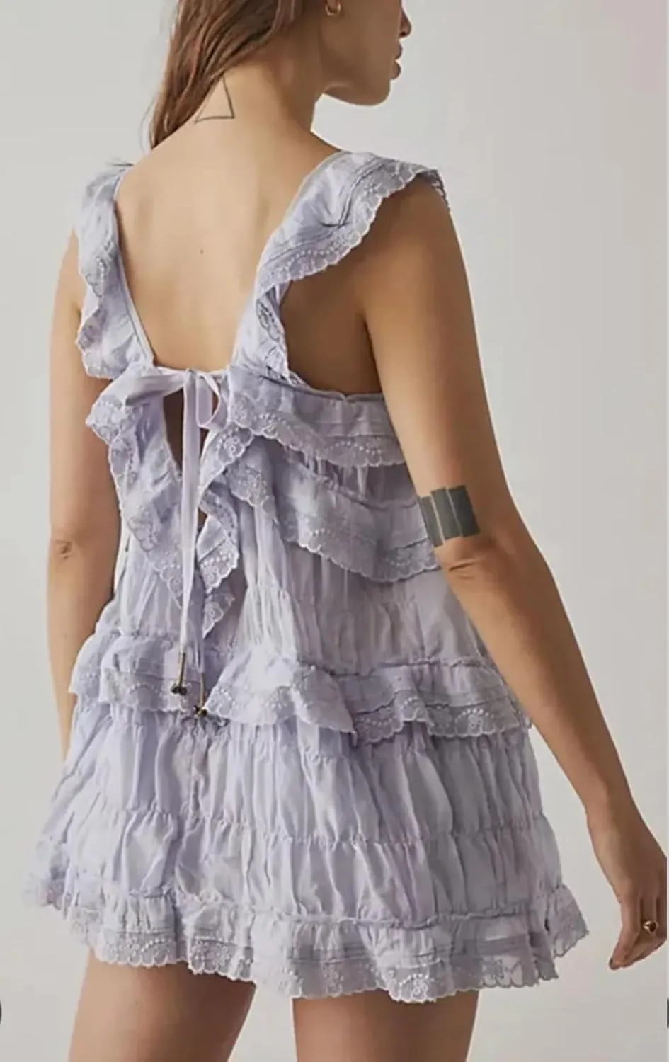 Women Y2k Flowy Ruffle Patchwork Dress Lace Slip Mini Dress Bow Tie Backless Cut Out Tiered Summer Casual Sundress
