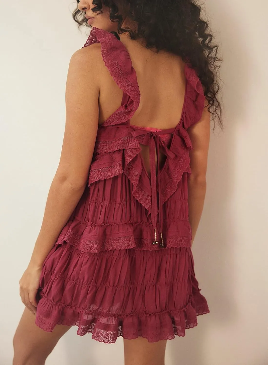 Women Y2k Flowy Ruffle Patchwork Dress Lace Slip Mini Dress Bow Tie Backless Cut Out Tiered Summer Casual Sundress