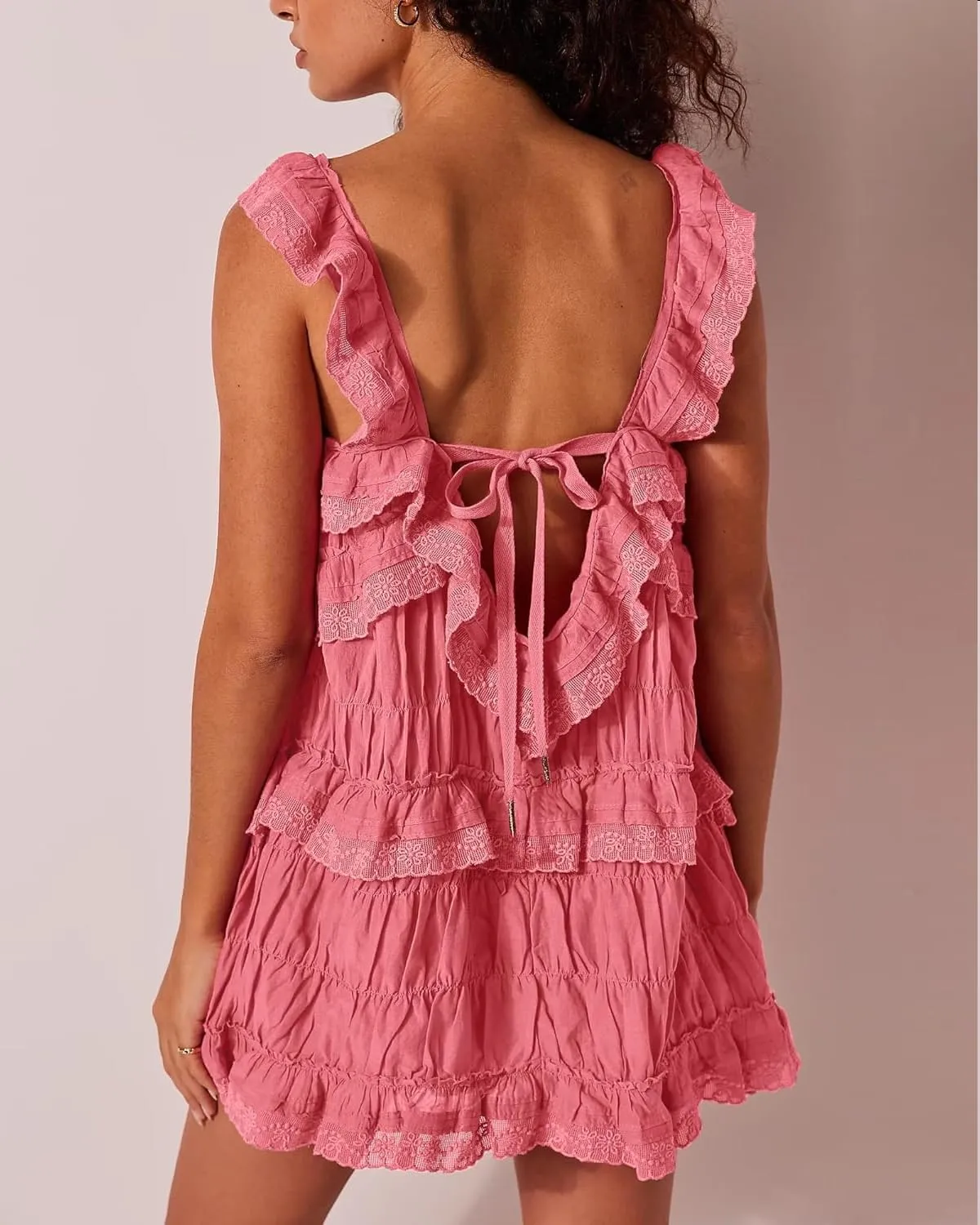 Women Y2k Flowy Ruffle Patchwork Dress Lace Slip Mini Dress Bow Tie Backless Cut Out Tiered Summer Casual Sundress