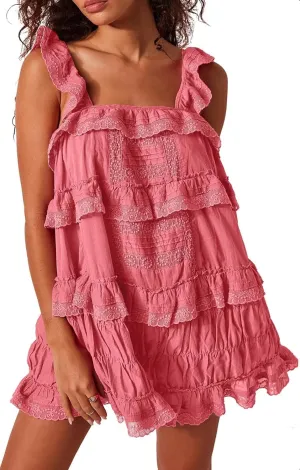 Women Y2k Flowy Ruffle Patchwork Dress Lace Slip Mini Dress Bow Tie Backless Cut Out Tiered Summer Casual Sundress