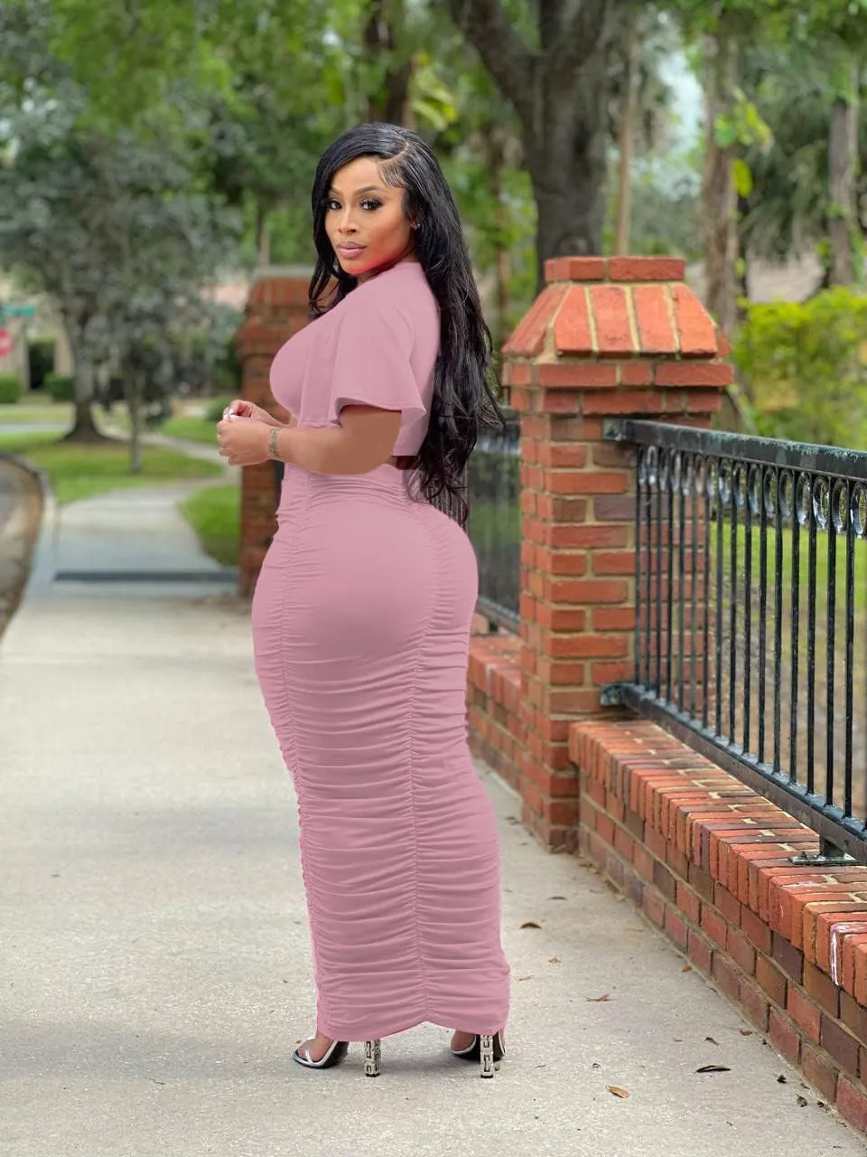 Women's 2 Piece Outfits Flare Sleeve Crop Tops Sexy Bodycon Jumpsuits Maxi Dresses Midi Ruched Skirt Sets