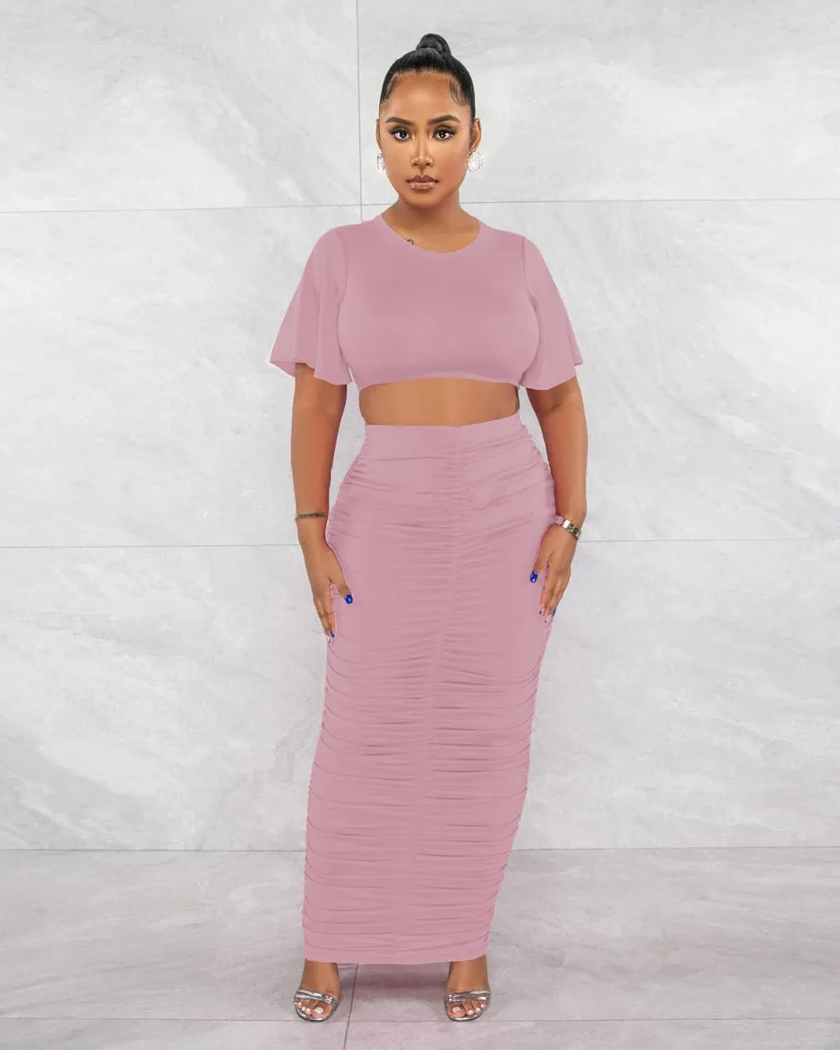 Women's 2 Piece Outfits Flare Sleeve Crop Tops Sexy Bodycon Jumpsuits Maxi Dresses Midi Ruched Skirt Sets