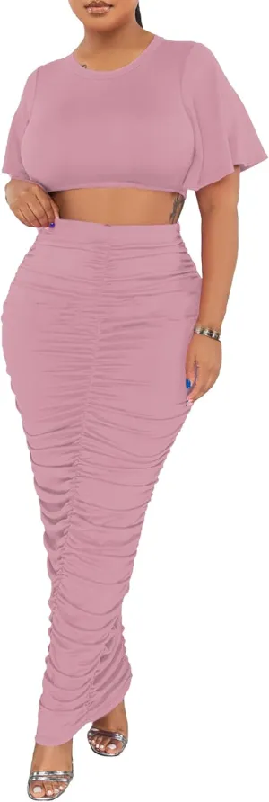 Women's 2 Piece Outfits Flare Sleeve Crop Tops Sexy Bodycon Jumpsuits Maxi Dresses Midi Ruched Skirt Sets