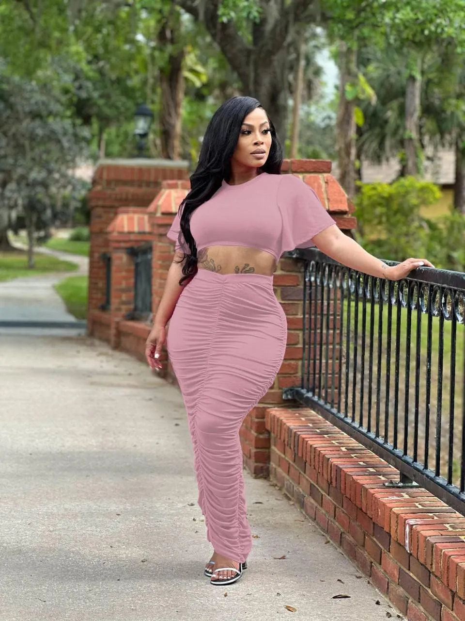 Women's 2 Piece Outfits Flare Sleeve Crop Tops Sexy Bodycon Jumpsuits Maxi Dresses Midi Ruched Skirt Sets