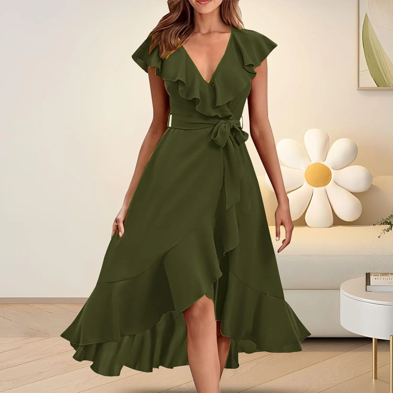 Women's 2025 Summer Wrap Midi Dress Casual Boho Deep V Neck Short Sleeve Ruffle Hem Split Beach Elegance Long Dresses