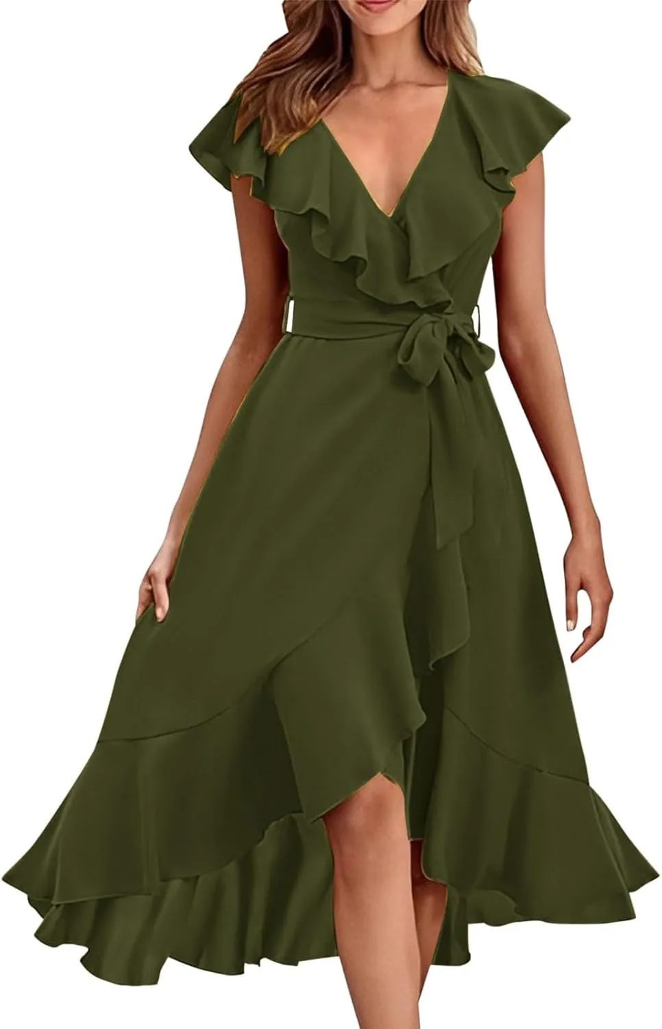 Women's 2025 Summer Wrap Midi Dress Casual Boho Deep V Neck Short Sleeve Ruffle Hem Split Beach Elegance Long Dresses