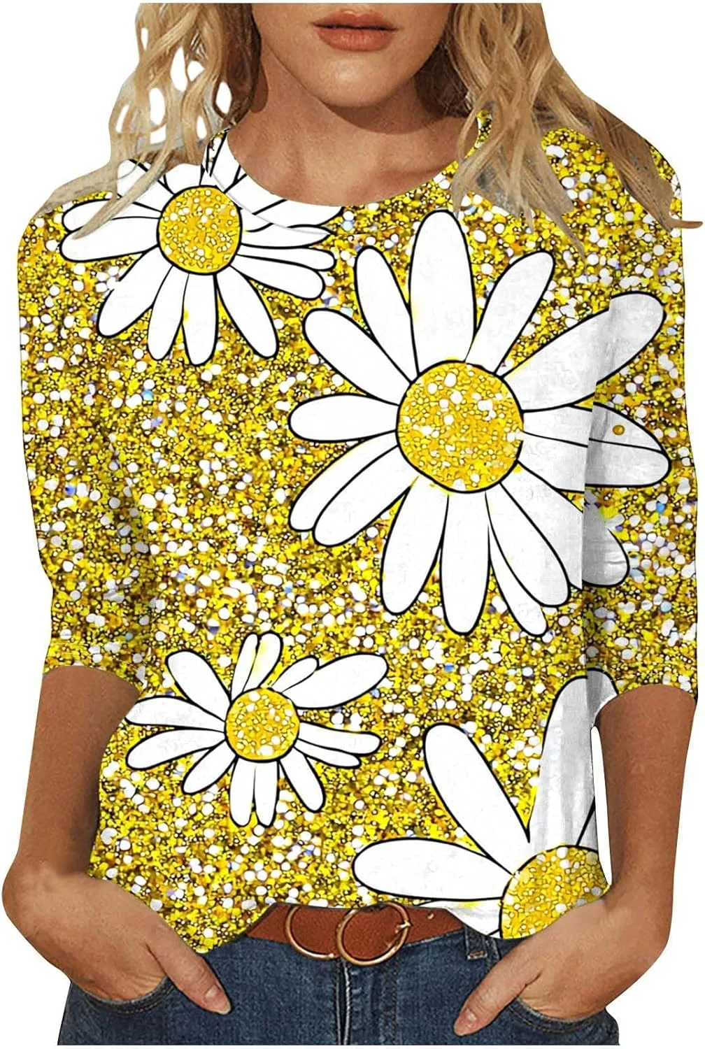 Women's 3/4 Sleeve Daisy Shirts Summer Casual Cute Tops Loose Fit Tunic Floral Shirt Trendy Boho Blouses