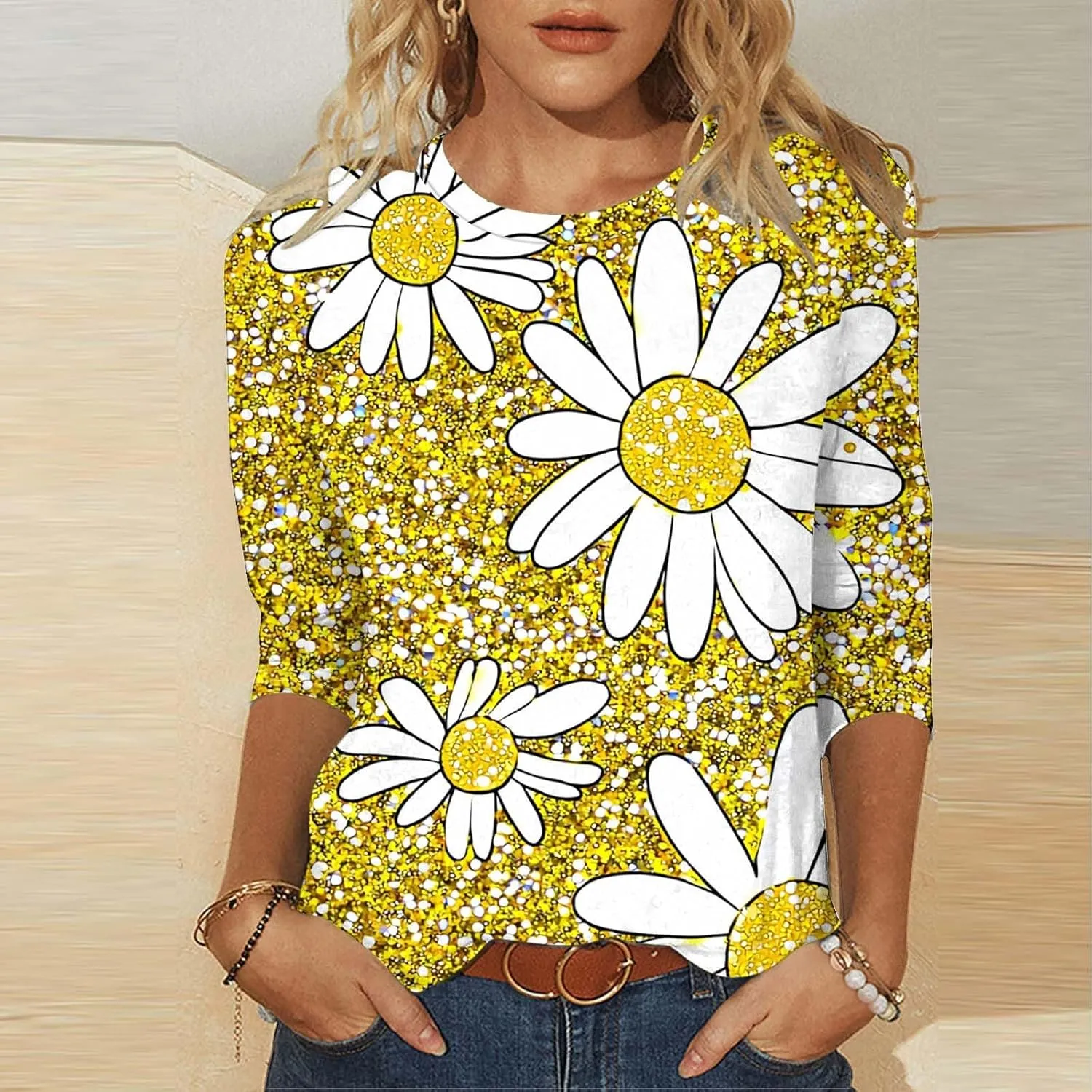 Women's 3/4 Sleeve Daisy Shirts Summer Casual Cute Tops Loose Fit Tunic Floral Shirt Trendy Boho Blouses