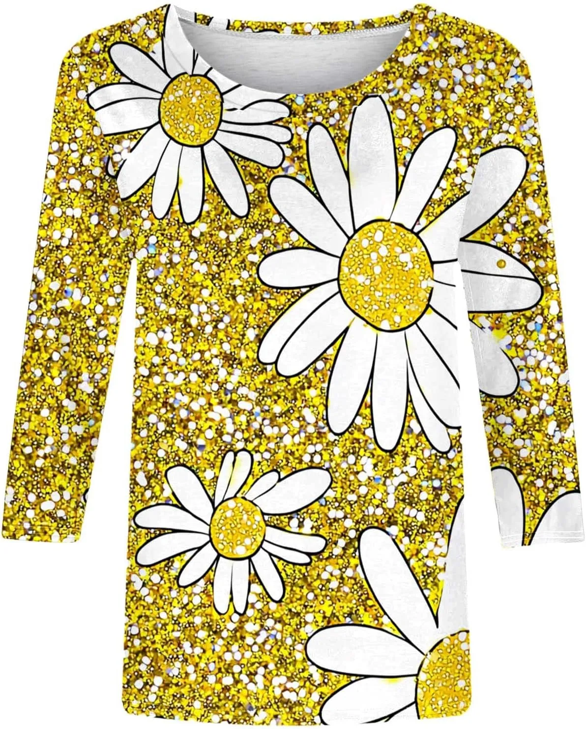 Women's 3/4 Sleeve Daisy Shirts Summer Casual Cute Tops Loose Fit Tunic Floral Shirt Trendy Boho Blouses