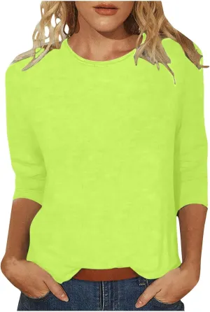 Women's 3/4 Sleeve Tops Trendy Summer 2025 Crew Neck Solid Color T-Shirts Slim Tunic Blouses Loose Fit Workout Outfits