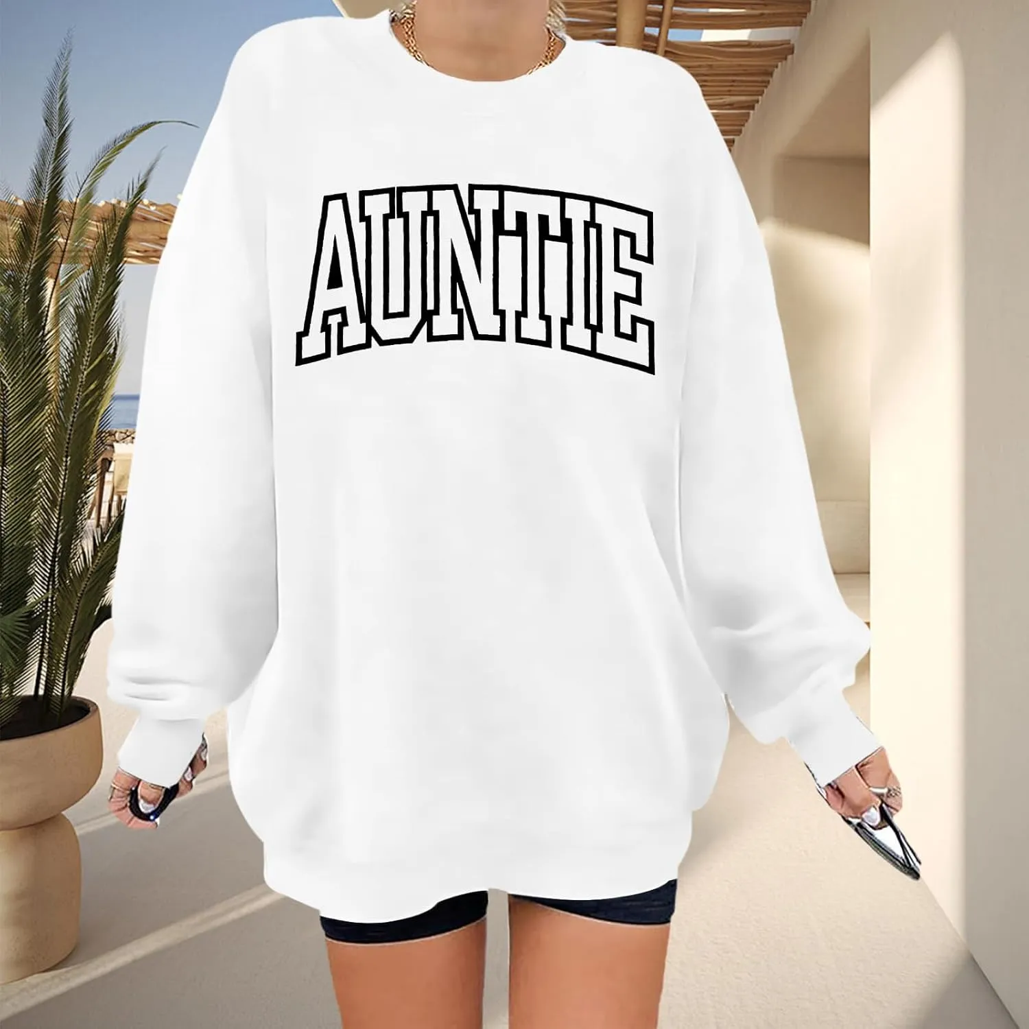 Womens Aunt Sweatshirt Auntie Letter Print Long Sleeve Pullover Top Oversized Cool Aunt Embroidered Crewneck Shirts