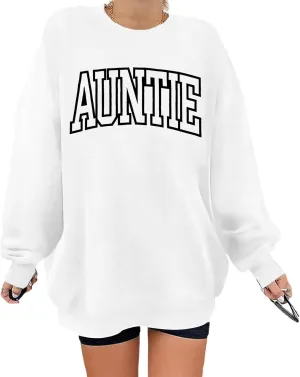 Womens Aunt Sweatshirt Auntie Letter Print Long Sleeve Pullover Top Oversized Cool Aunt Embroidered Crewneck Shirts