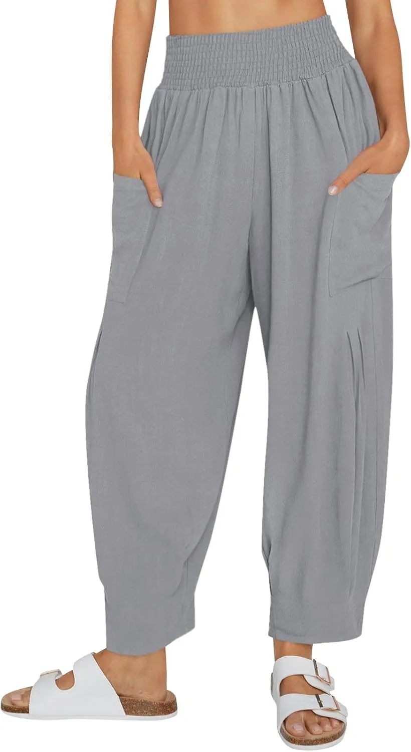 Women's Baggy Harem Pants Comfy Loose Summer Pants High Waisted Boho Beach Pants Trendy Travel Pants with Pockets