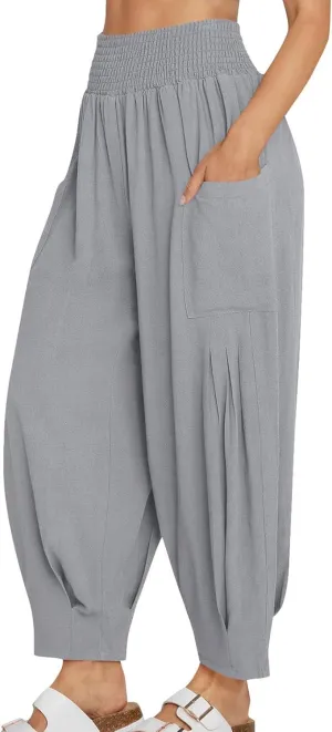 Women's Baggy Harem Pants Comfy Loose Summer Pants High Waisted Boho Beach Pants Trendy Travel Pants with Pockets