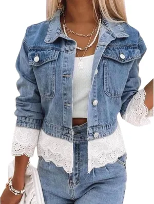 Women's Blue Single-Breasted Denim Coat Lapel Lace-Trimmed Pockets Short Jacket Fall Winter Trendy Outwear