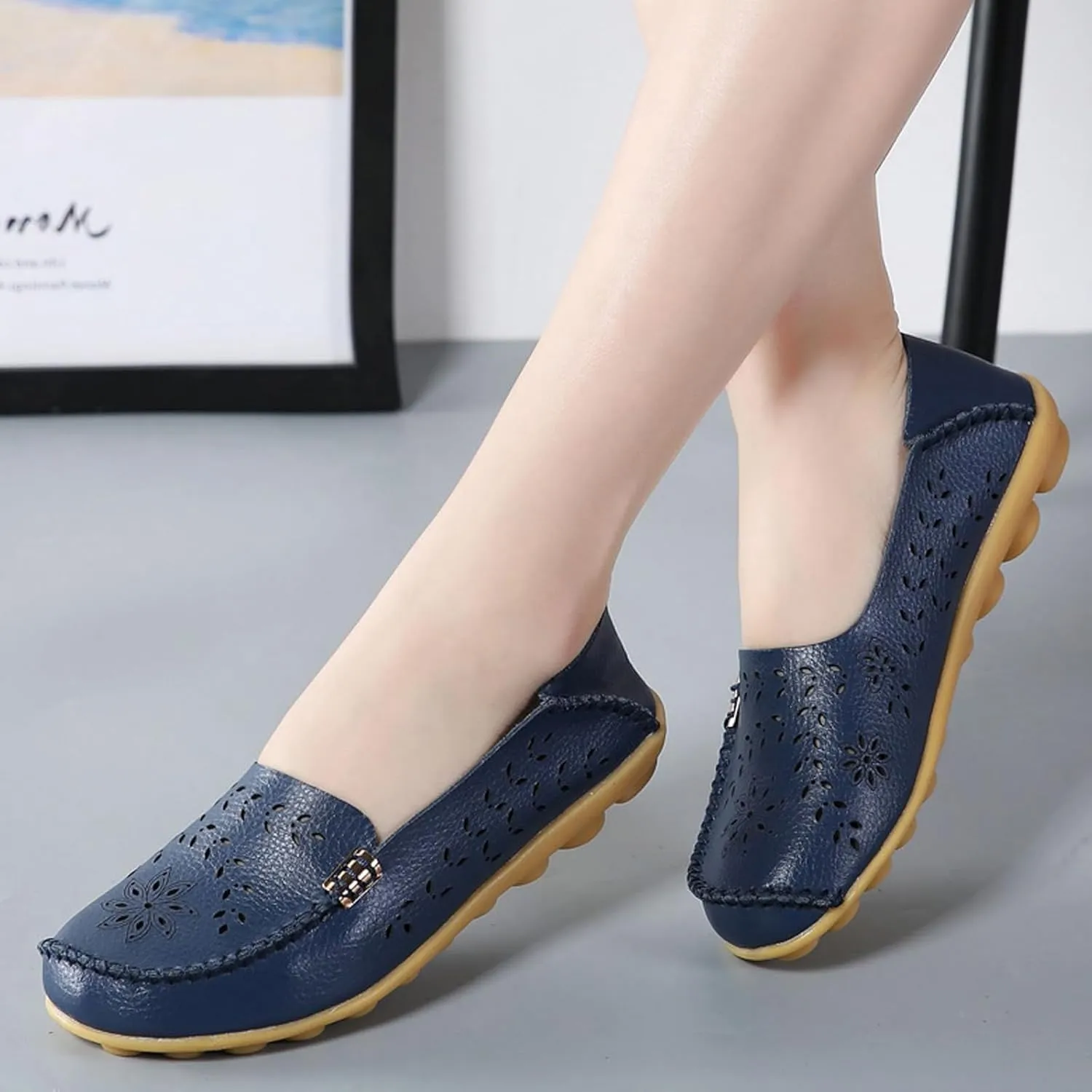 Womens Boat Shoes Comfort Walking Cute Flat Loafer Hollow Flowers Breathable Sandals, Summer Casual Closed Toe Flat Sandals Comfortable Slip On Boat Shoe All Day Comfort