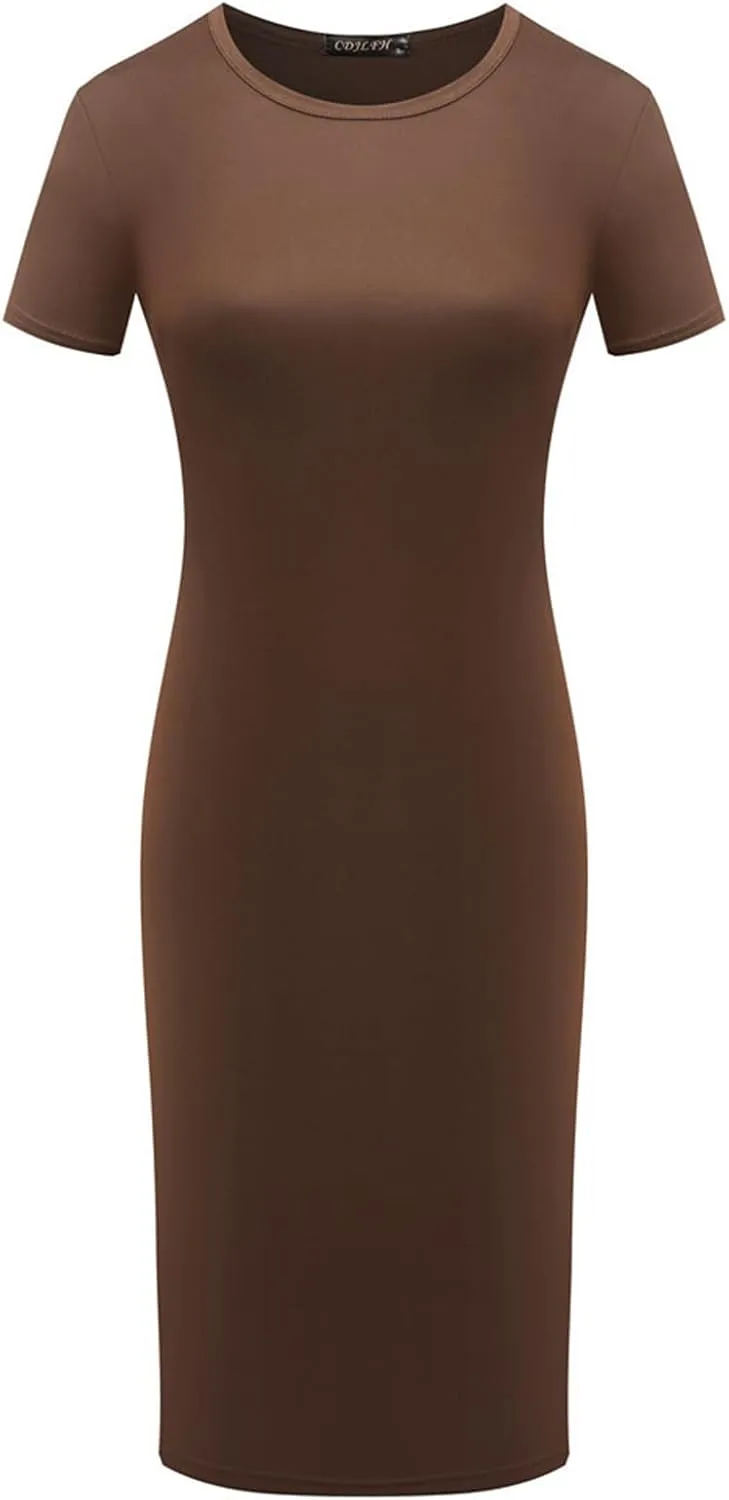Womens Bodycon T Shirt Dress Casual Basic Pencil Dress Sexy Summer Short Sleeve Knee Length Slim Fit Midi Club Dress
