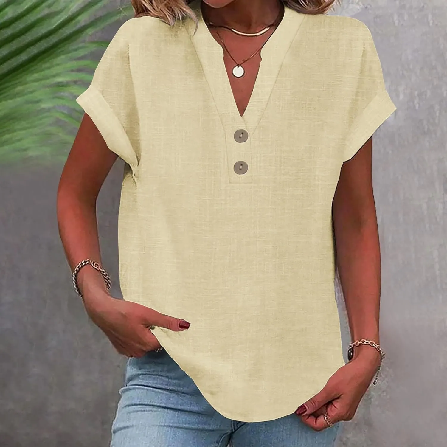 Womens Button Down Linen Shirt Short Sleeve V Neck Shirts Solid Color Comfy Tops Summer Casual Dressy Tunic Top