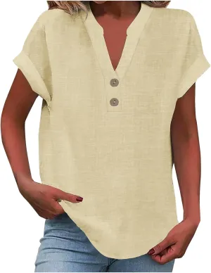 Womens Button Down Linen Shirt Short Sleeve V Neck Shirts Solid Color Comfy Tops Summer Casual Dressy Tunic Top