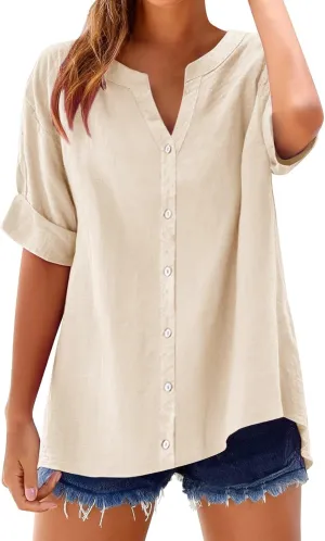 Womens Button Down Shirts Linen Cotton Solid Short Sleeve Blouses V Neck Leisure Top 2025 Summer Oversized Loose