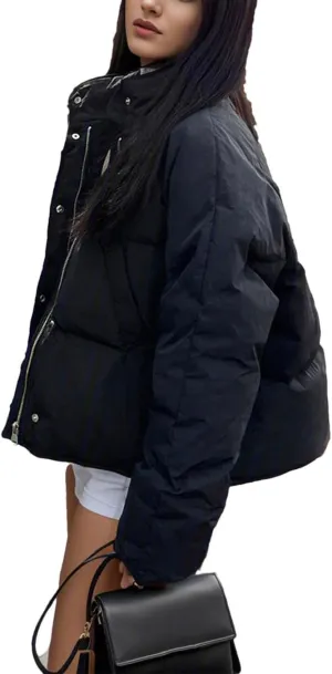 Women's Button Stand Collar Cotton-Padded Jacket Casual Thicken Warm Solid Parka Coat