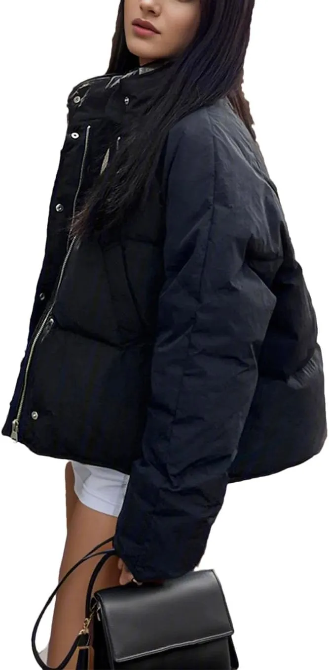 Women's Button Stand Collar Cotton-Padded Jacket Casual Thicken Warm Solid Parka Coat