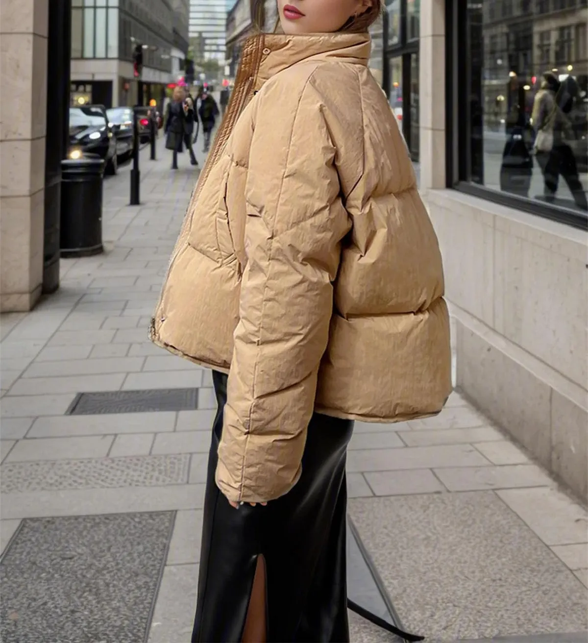 Women's Button Stand Collar Cotton-Padded Jacket Casual Thicken Warm Solid Parka Coat