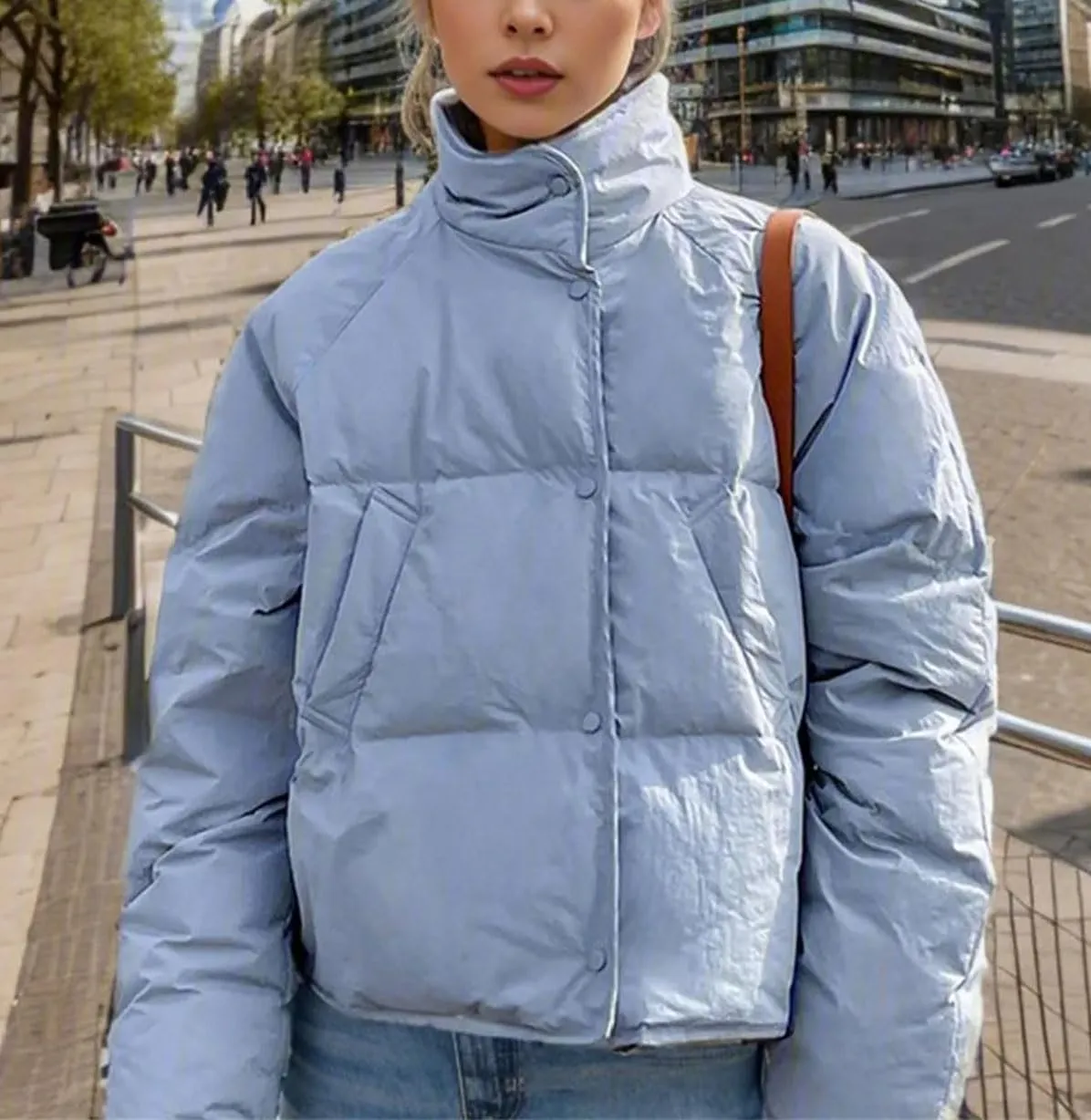 Women's Button Stand Collar Cotton-Padded Jacket Casual Thicken Warm Solid Parka Coat