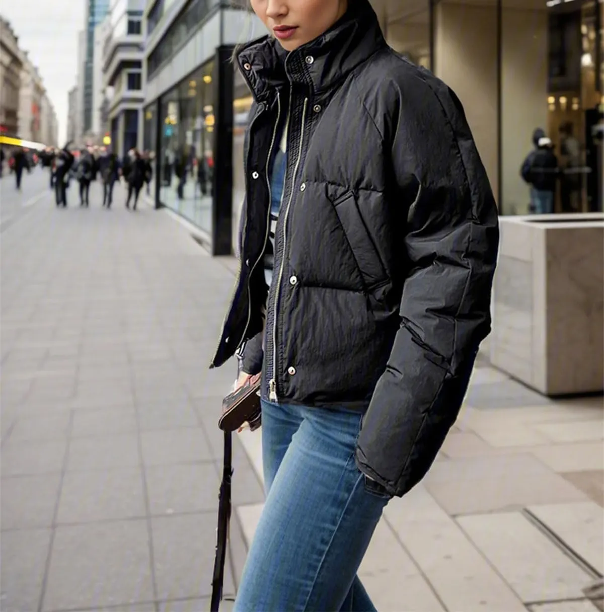 Women's Button Stand Collar Cotton-Padded Jacket Casual Thicken Warm Solid Parka Coat