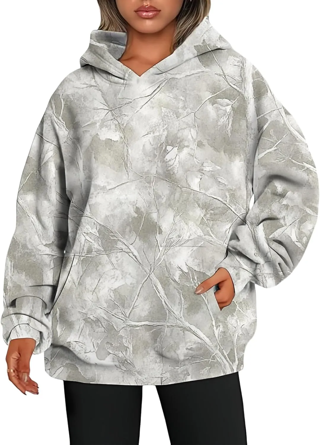 Womens Camo Hoodies Casual Loose Fit Long Sleeve Sweatshirts Oversized Maple Leaf Print Pullover Tops with Pocket