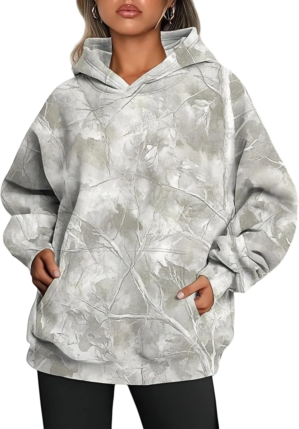 Womens Camo Hoodies Casual Loose Fit Long Sleeve Sweatshirts Oversized Maple Leaf Print Pullover Tops with Pocket