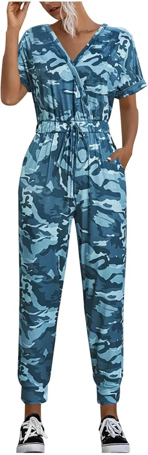 Women's Camouflage Jumpsuit Casual Elastic High Waist Jumpsuits Bottom Pants V Neck Romper Trousers with Pockets