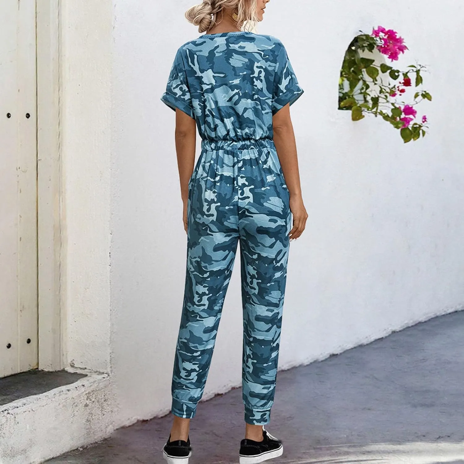 Women's Camouflage Jumpsuit Casual Elastic High Waist Jumpsuits Bottom Pants V Neck Romper Trousers with Pockets
