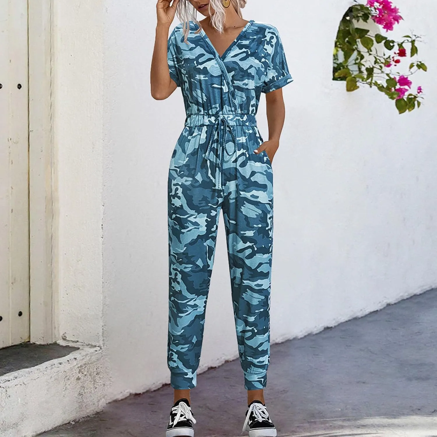 Women's Camouflage Jumpsuit Casual Elastic High Waist Jumpsuits Bottom Pants V Neck Romper Trousers with Pockets