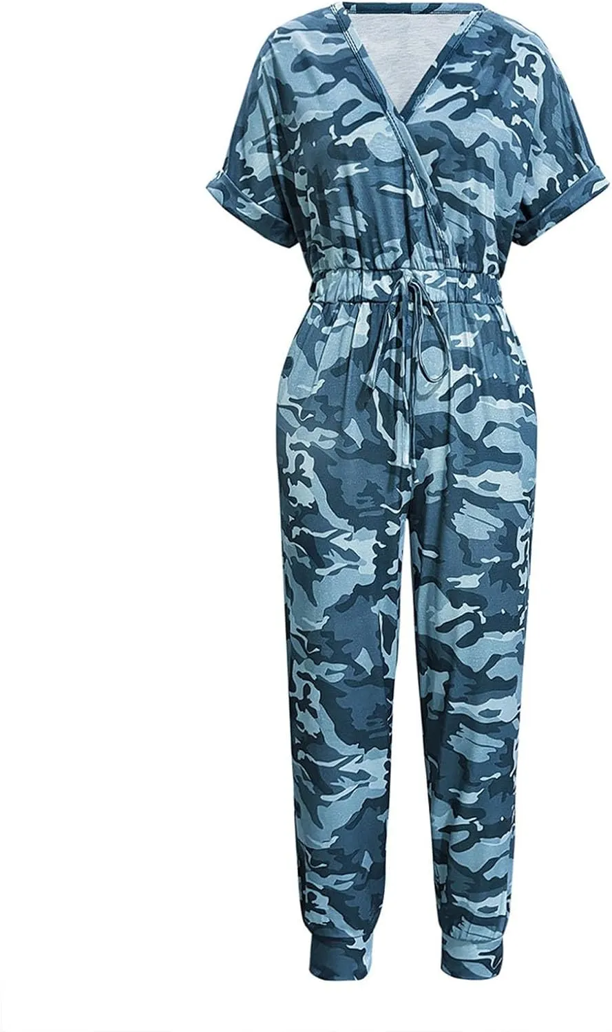Women's Camouflage Jumpsuit Casual Elastic High Waist Jumpsuits Bottom Pants V Neck Romper Trousers with Pockets