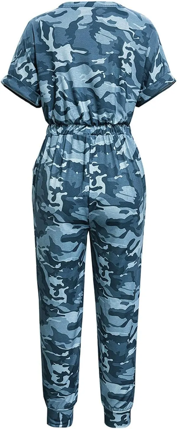 Women's Camouflage Jumpsuit Casual Elastic High Waist Jumpsuits Bottom Pants V Neck Romper Trousers with Pockets