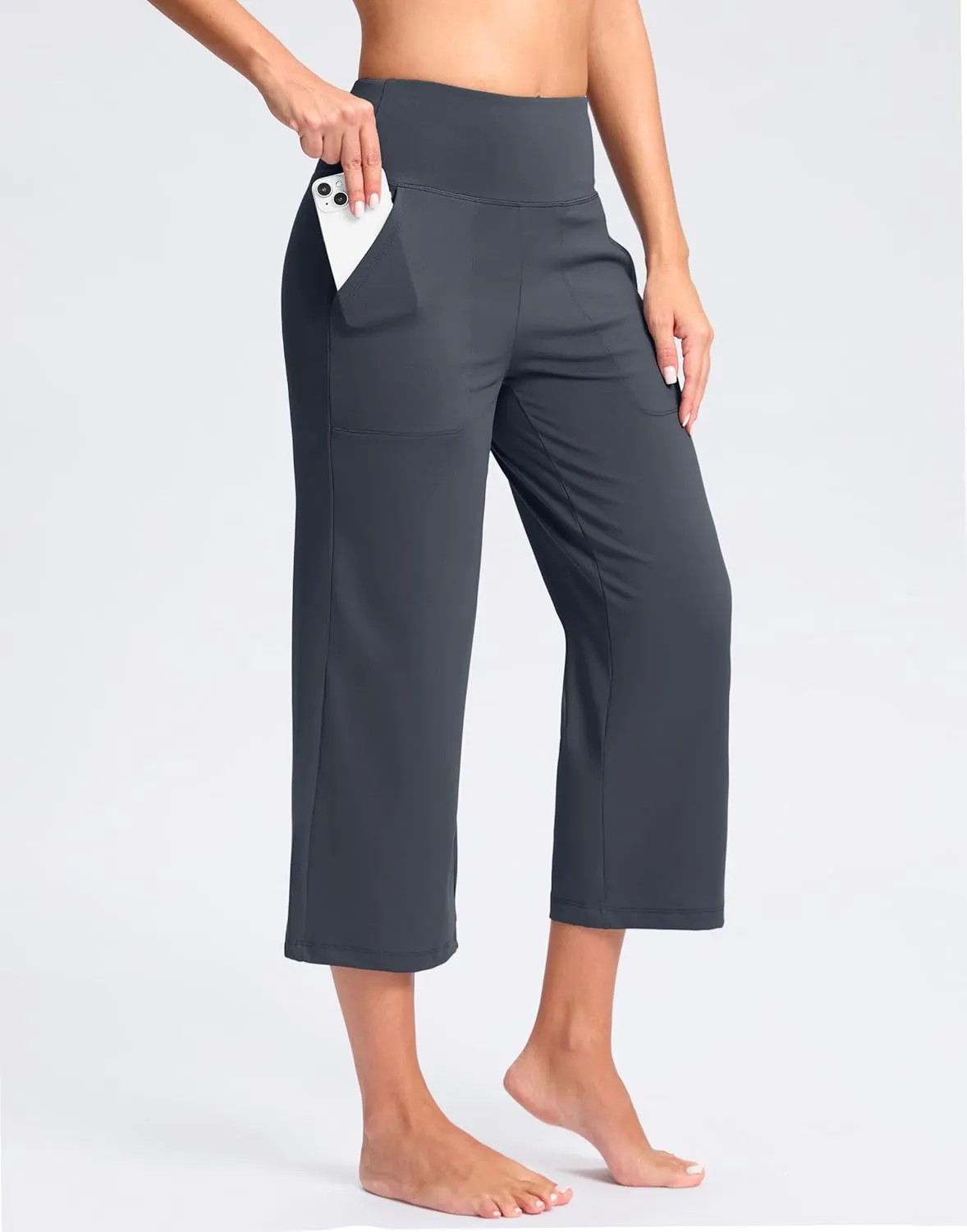 Women's Capri Pants with Pockets High Waist Yoga Pants Wide Leg Workout Crop Summer Pants for Casual, Travel, Exercise
