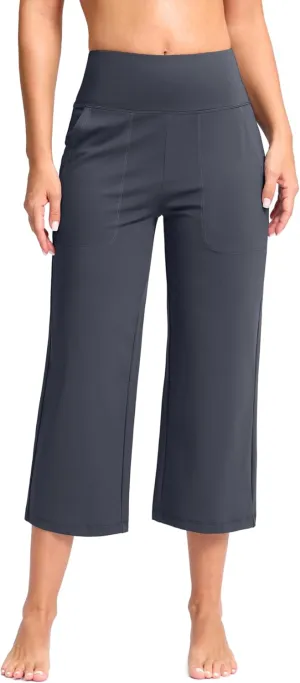 Women's Capri Pants with Pockets High Waist Yoga Pants Wide Leg Workout Crop Summer Pants for Casual, Travel, Exercise