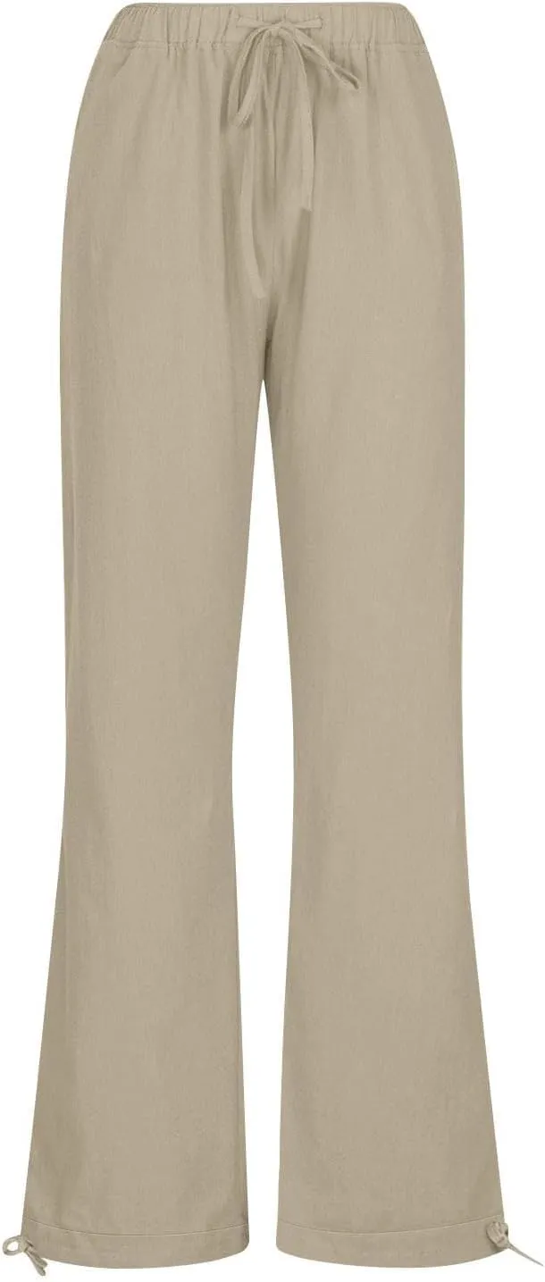 Womens Casual Linen High Waist Pants Drawstring Loose Fit Straight Leg Casual Pants Trousers with Side Pockets