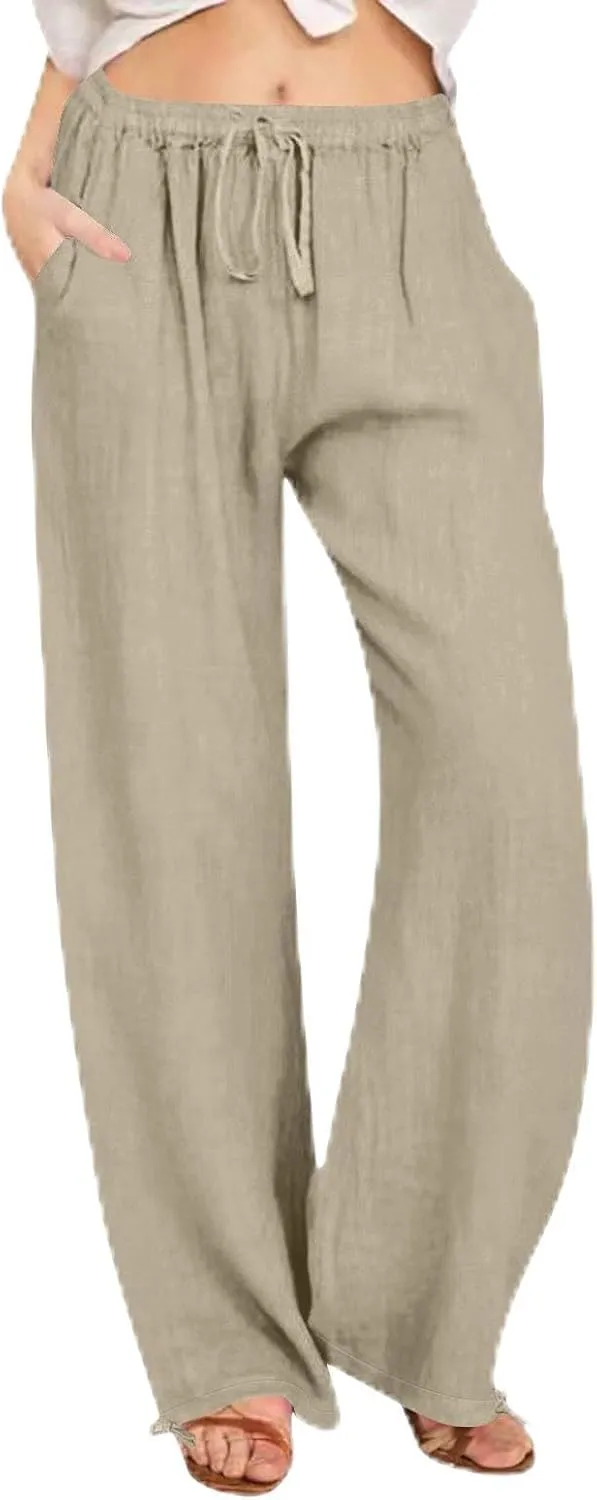 Womens Casual Linen High Waist Pants Drawstring Loose Fit Straight Leg Casual Pants Trousers with Side Pockets