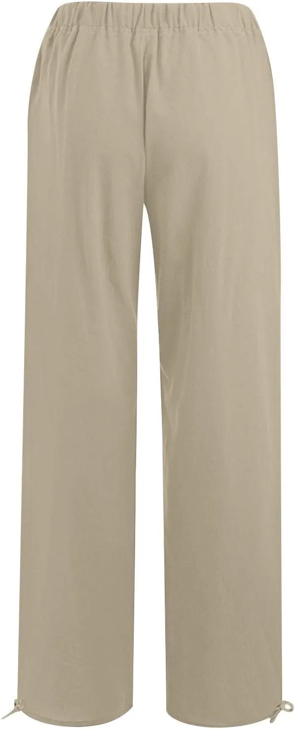 Womens Casual Linen High Waist Pants Drawstring Loose Fit Straight Leg Casual Pants Trousers with Side Pockets
