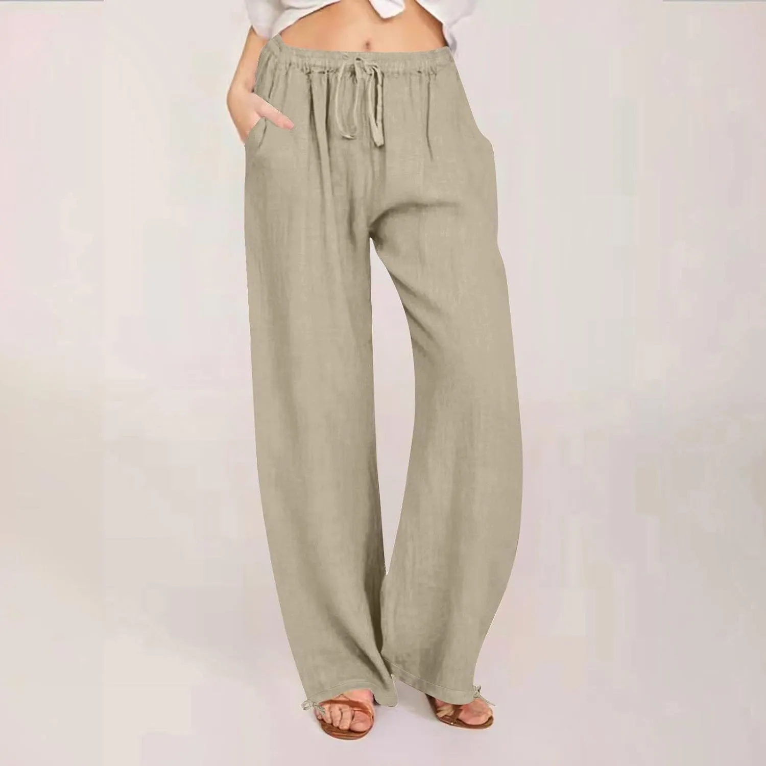 Womens Casual Linen High Waist Pants Drawstring Loose Fit Straight Leg Casual Pants Trousers with Side Pockets