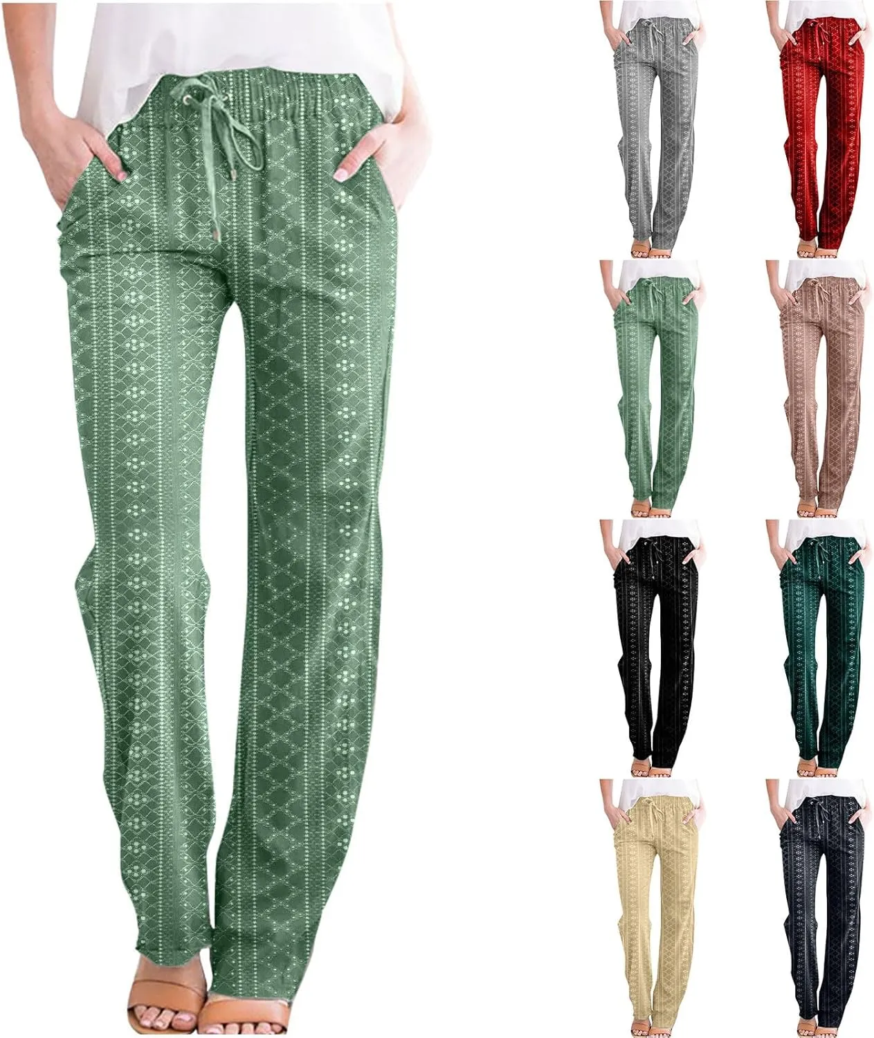 Womens Casual Linen Pants Comfy Soft High Waist Pants Drawstring Loose Fit Pants Summer Pants Trousers with Pockets