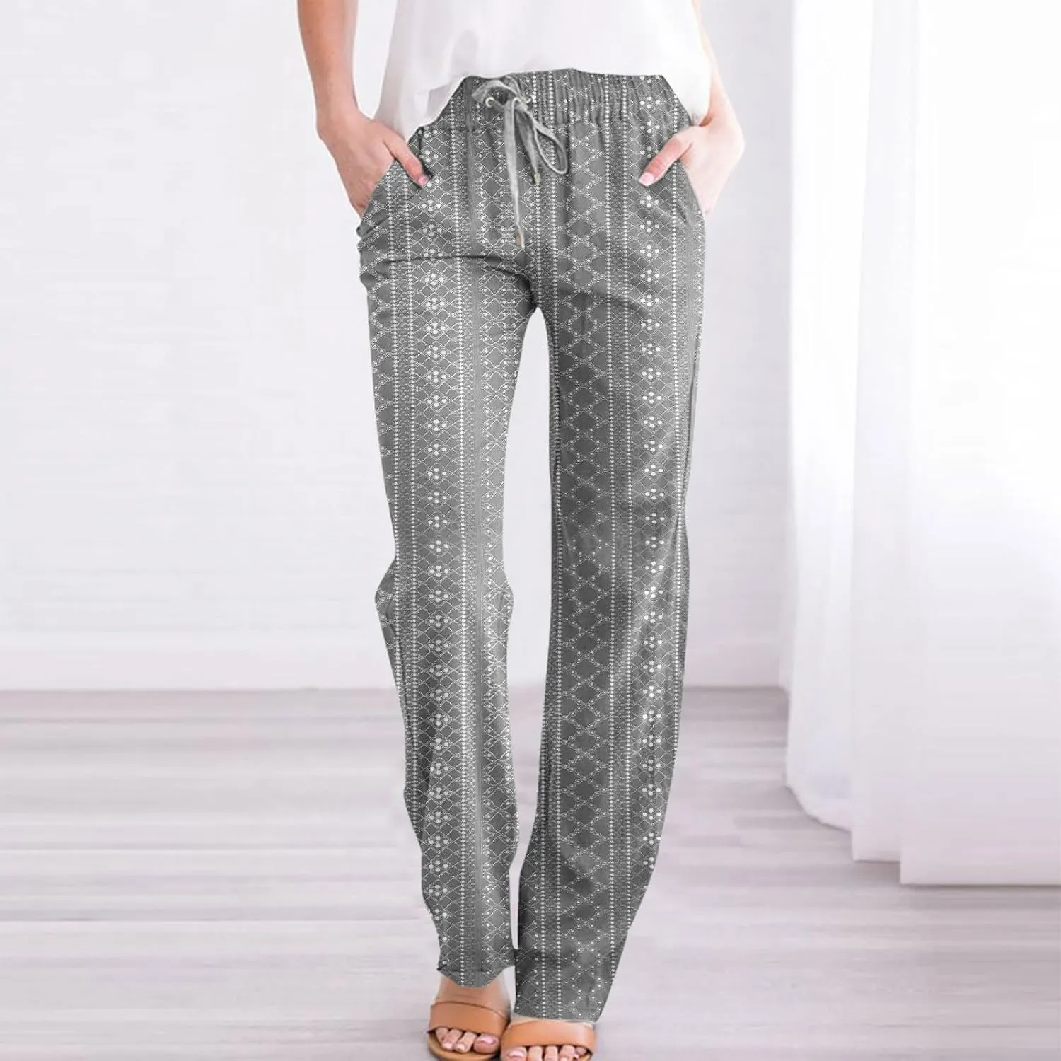 Womens Casual Linen Pants Comfy Soft High Waist Pants Drawstring Loose Fit Pants Summer Pants Trousers with Pockets