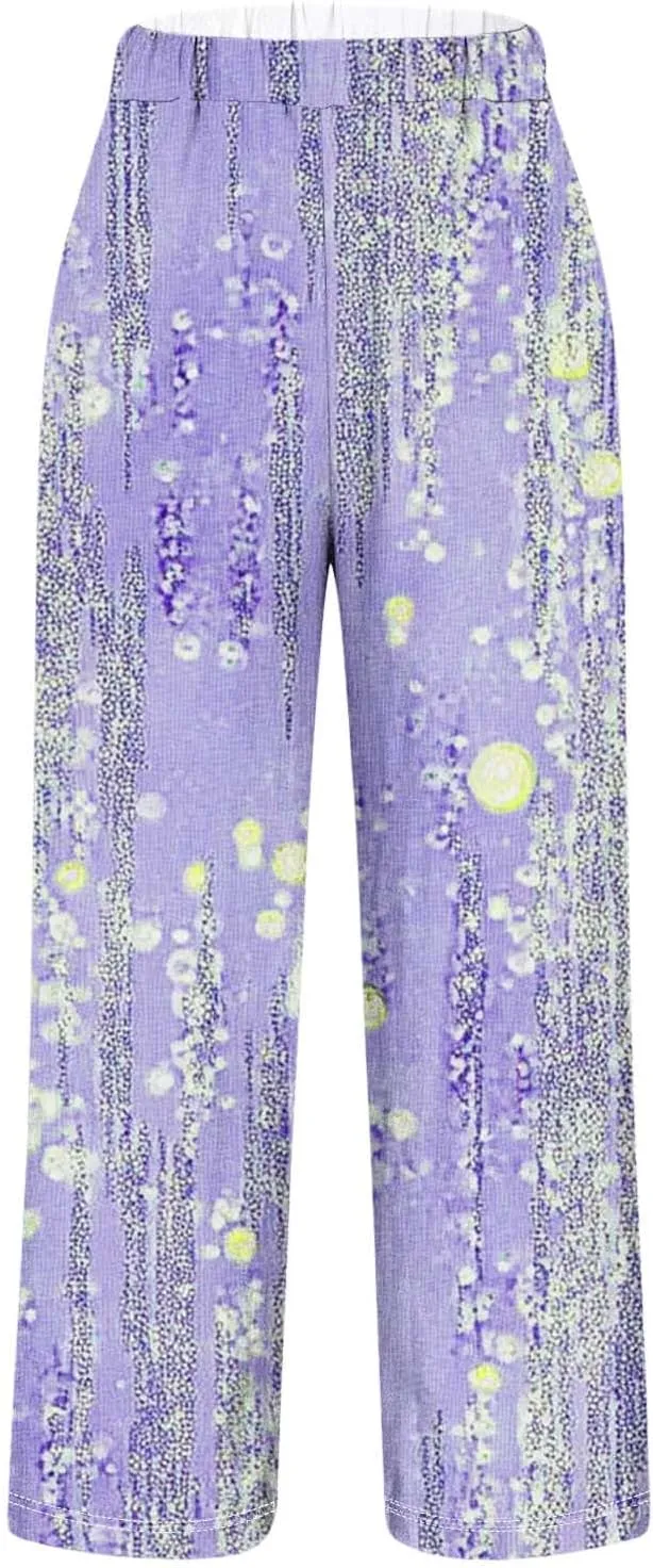 Womens Casual Pants Lightweight Summer Relax Fit Fashion Floral Print Elastic Waist Plus Size Lounge Long Trousers