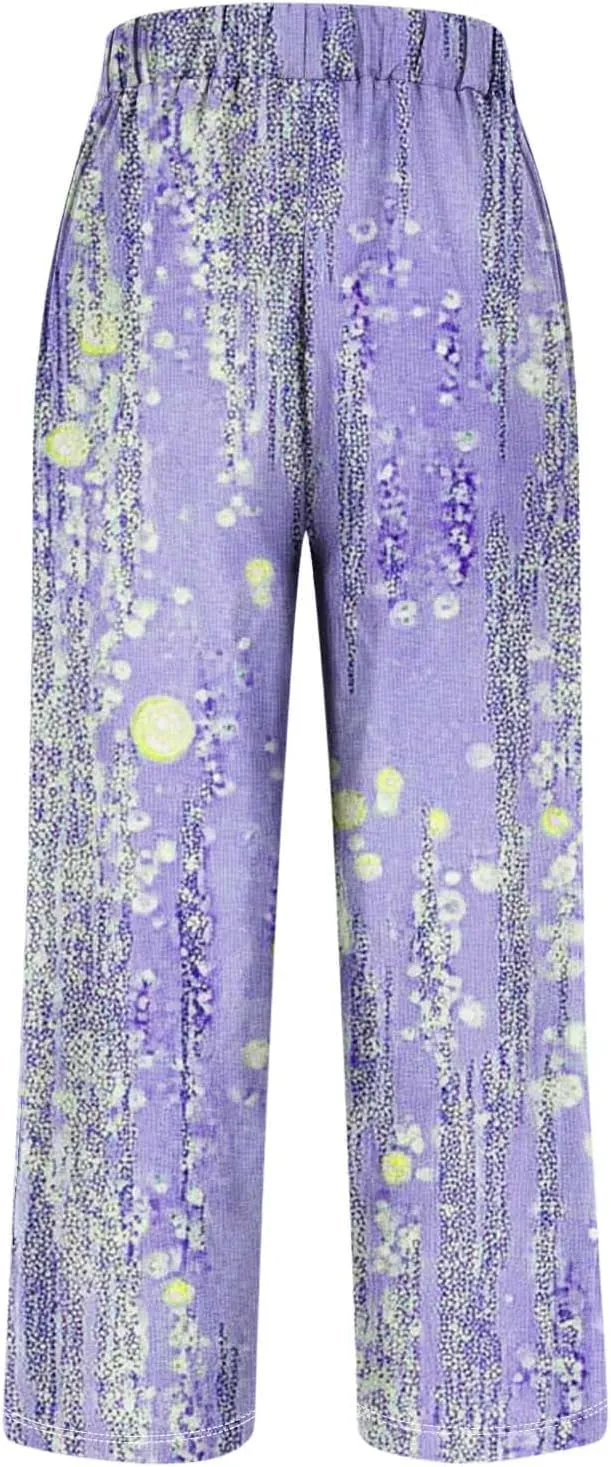 Womens Casual Pants Lightweight Summer Relax Fit Fashion Floral Print Elastic Waist Plus Size Lounge Long Trousers