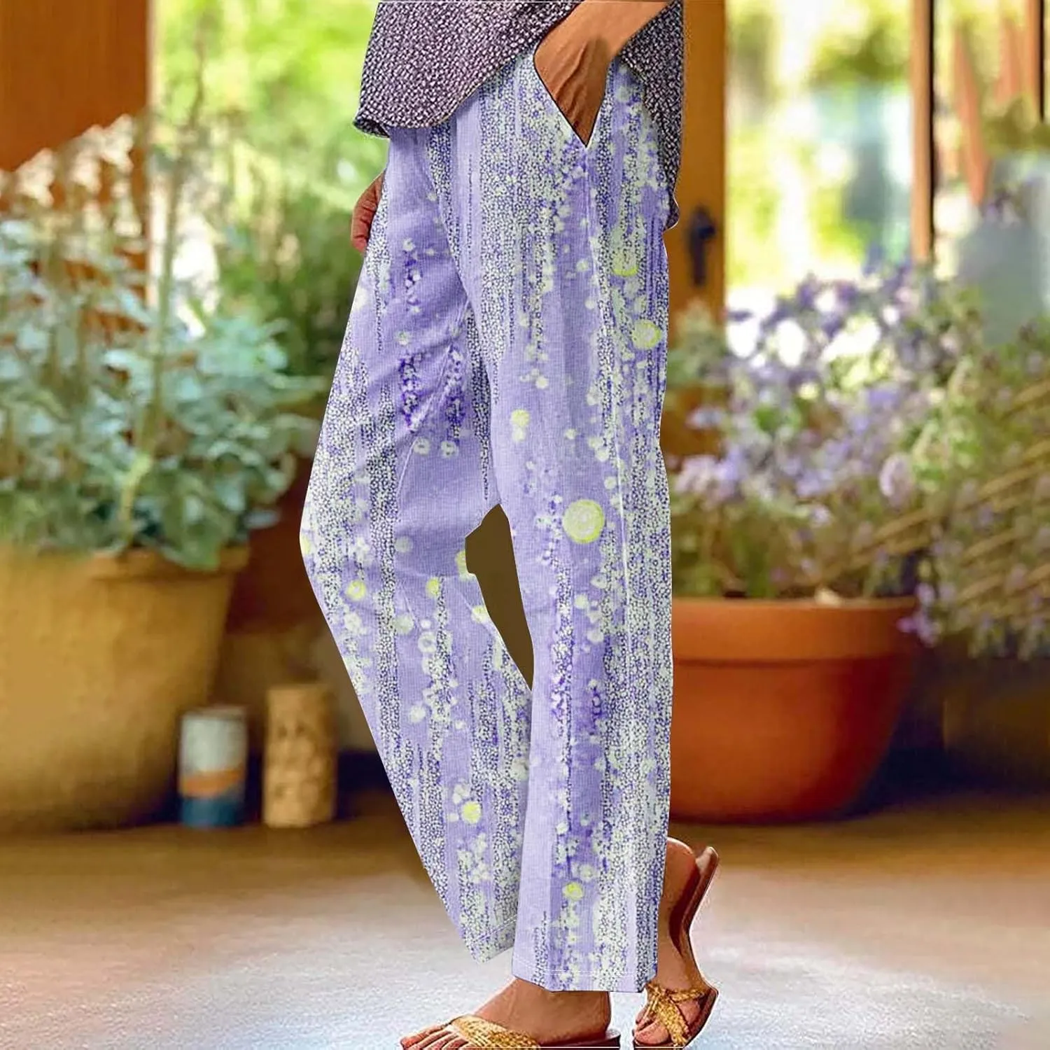 Womens Casual Pants Lightweight Summer Relax Fit Fashion Floral Print Elastic Waist Plus Size Lounge Long Trousers
