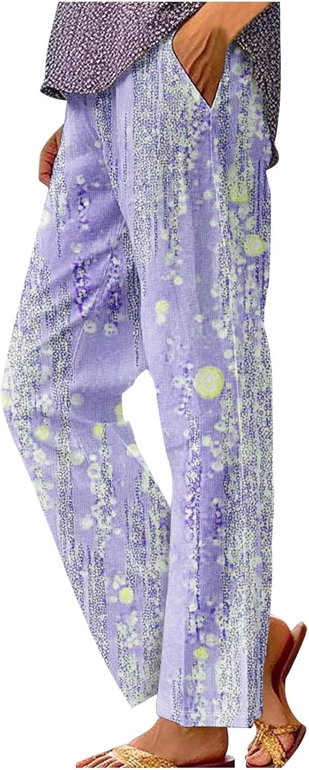 Womens Casual Pants Lightweight Summer Relax Fit Fashion Floral Print Elastic Waist Plus Size Lounge Long Trousers