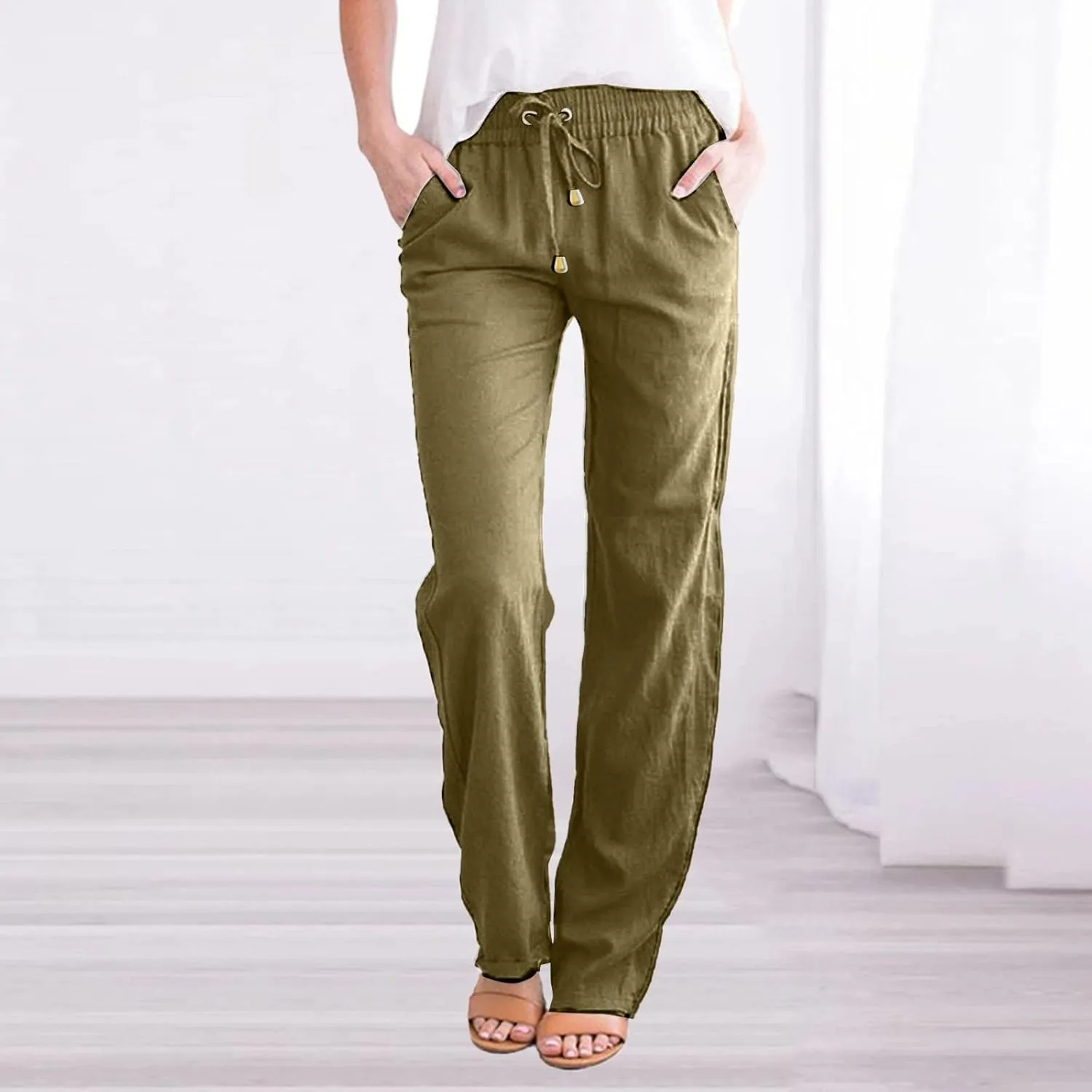 Women's Casual Tapered Pants Drawstring Elastic Waist,Comfortable Linen Trousers with Pockets, Wide-Leg Lounge Pants