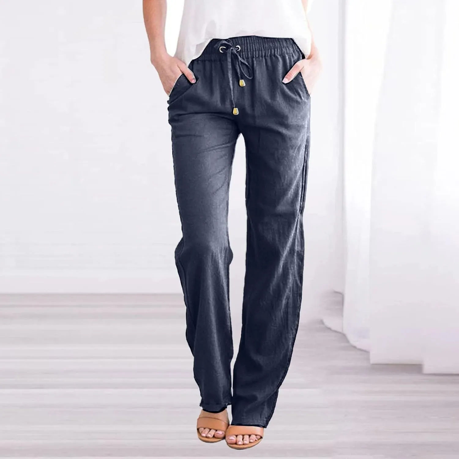 Women's Casual Tapered Pants Drawstring Elastic Waist,Comfortable Linen Trousers with Pockets, Wide-Leg Lounge Pants